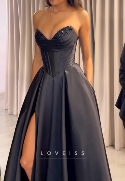 Sweetheart Strapless Side Slit Satin A-Line Prom Dress