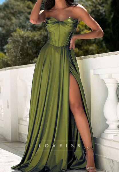 Sweetheart Strapless Side Slit Satin A-Line Prom Dress