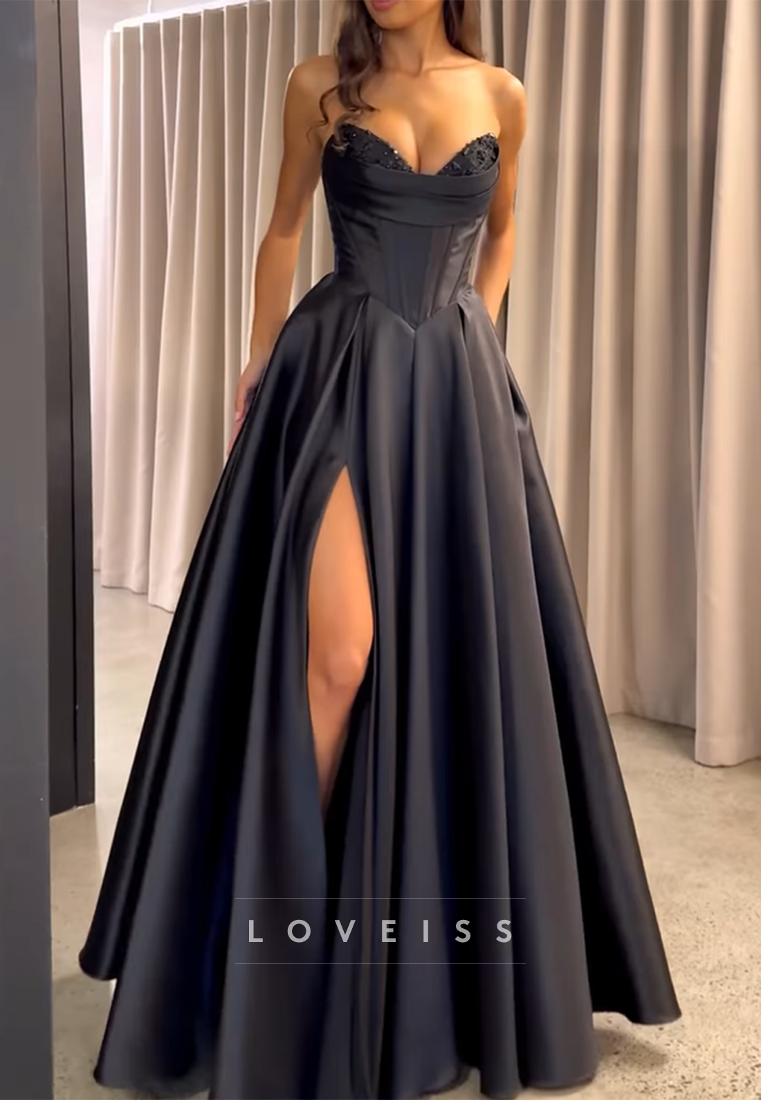 Sweetheart Strapless Side Slit Satin A-Line Prom Dress