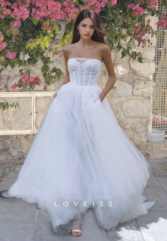 Sweetheart Strapless Sleeveless Pleated Tulle A-Line Ball Gown Wedding Dress