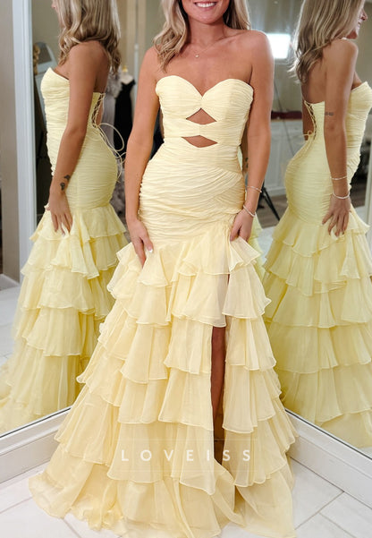 Sweetheart Strapless Tiered Yellow Mermaid Prom Dress