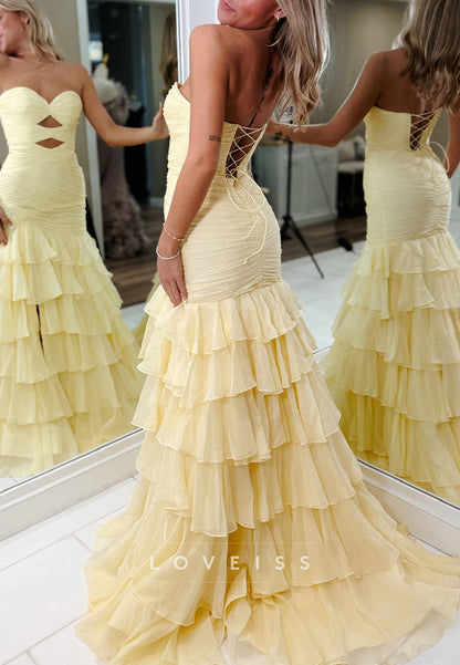 Sweetheart Strapless Tiered Yellow Mermaid Prom Dress