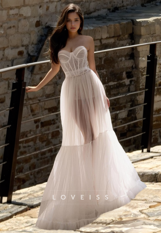 Sweetheart Strapless Tull Sheer A-Line Beach Wedding Dress