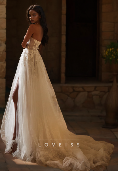 Sweetheart Strapless Tulle Appliques A-Line Beach Wedding Dress