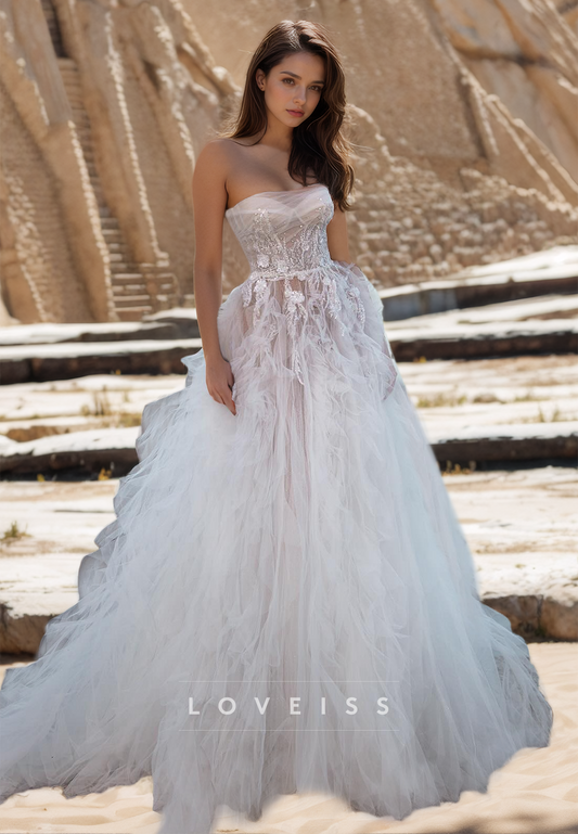 Sweetheart Strapless Tulle Pleated Appliques Ball Gown Wedding Dress