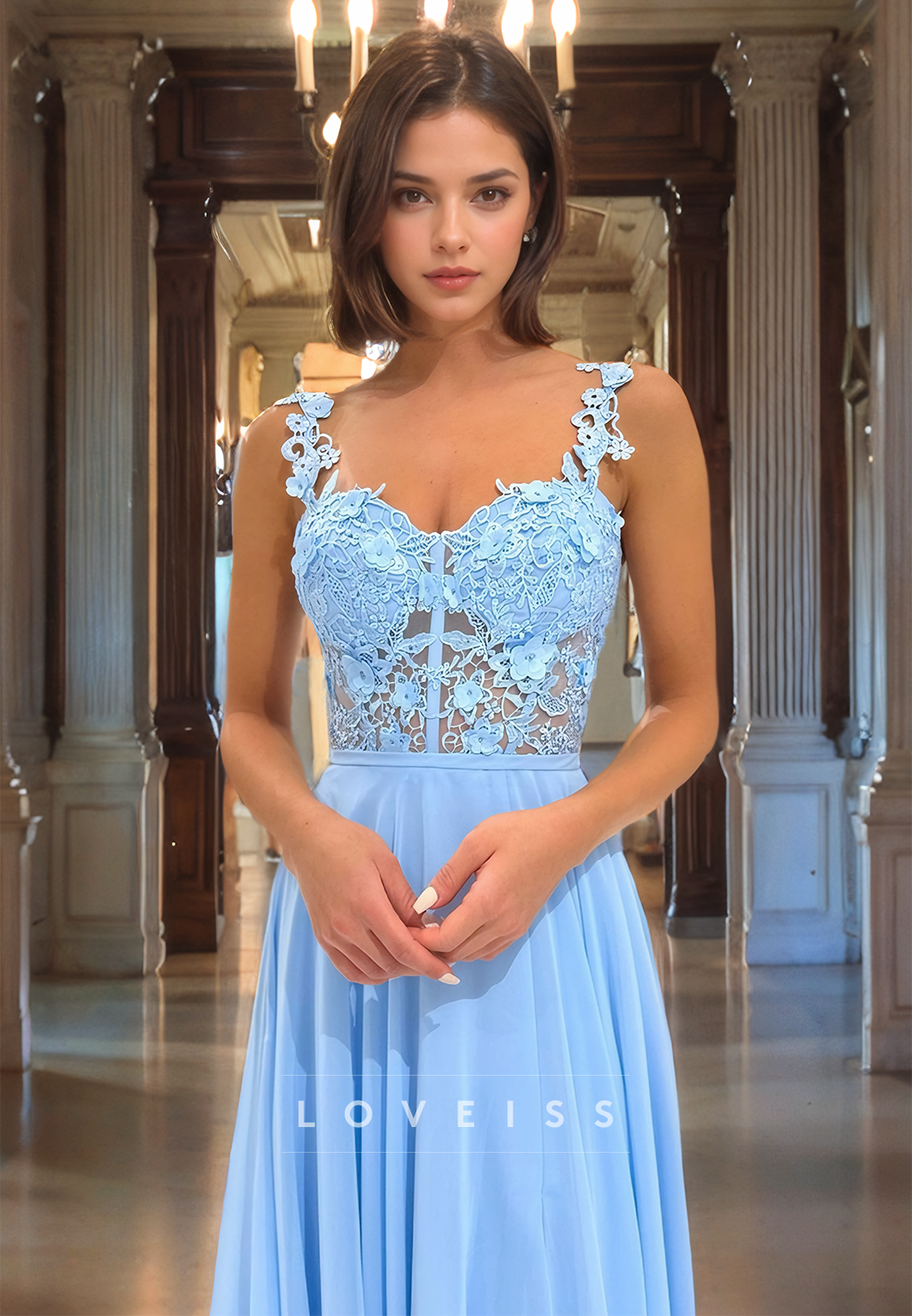 Sweetheart Straps Appliques Chiffon A-Line Prom Dress