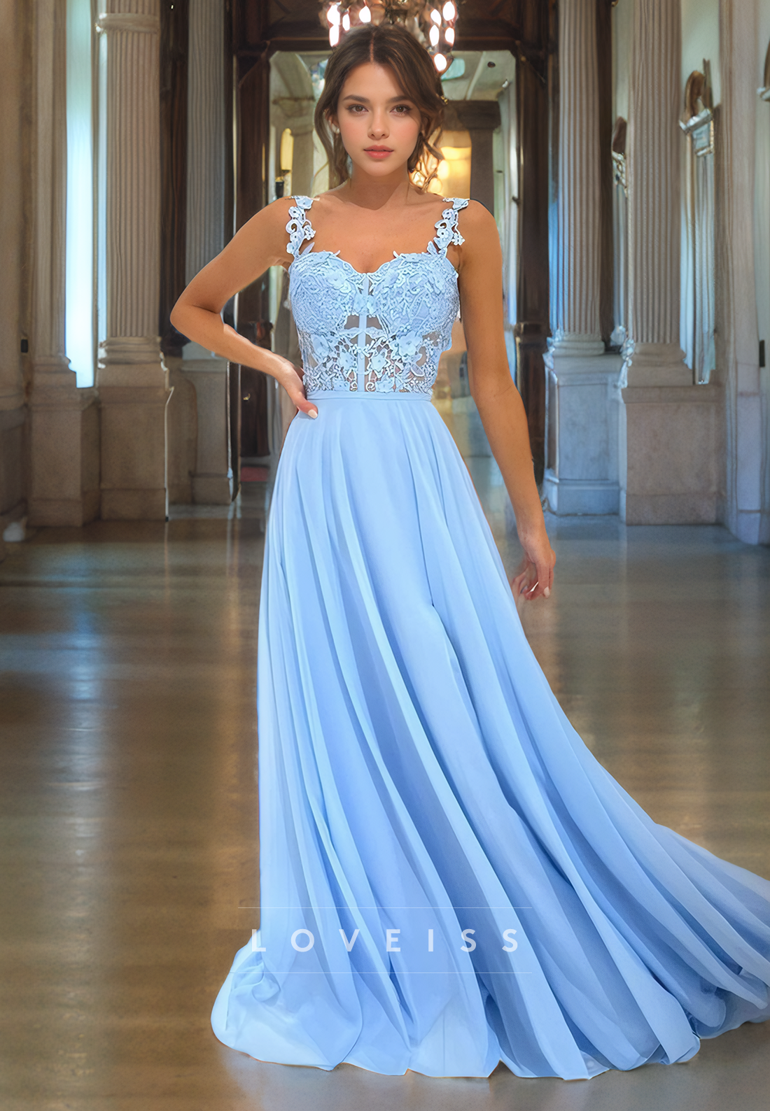 Sweetheart Straps Appliques Chiffon A-Line Prom Dress