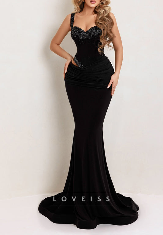 Sweetheart Straps Appliques Mermaid Black Wedding Dress