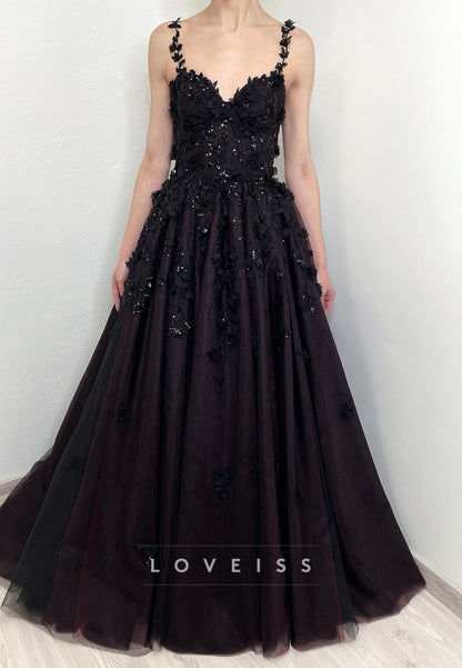 Sweetheart Straps Appliques Sparkly A-Line Black Wedding Dress