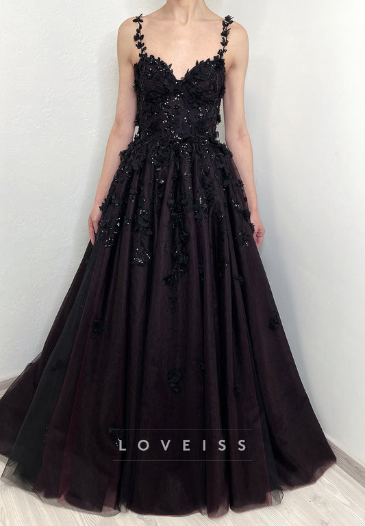 Sweetheart Straps Appliques Sparkly A-Line Black Wedding Dress