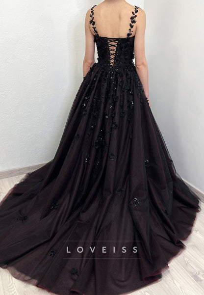 Sweetheart Straps Appliques Sparkly A-Line Black Wedding Dress