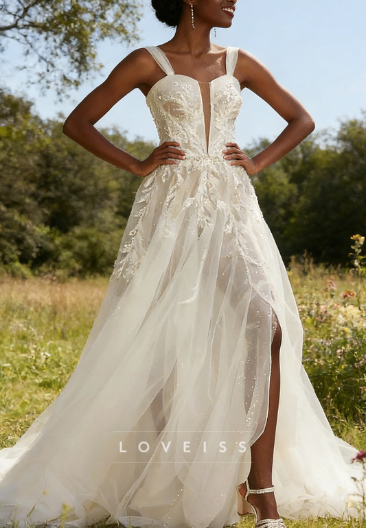 Sweetheart Straps Appliques Tulle A-Line Wedding Dress