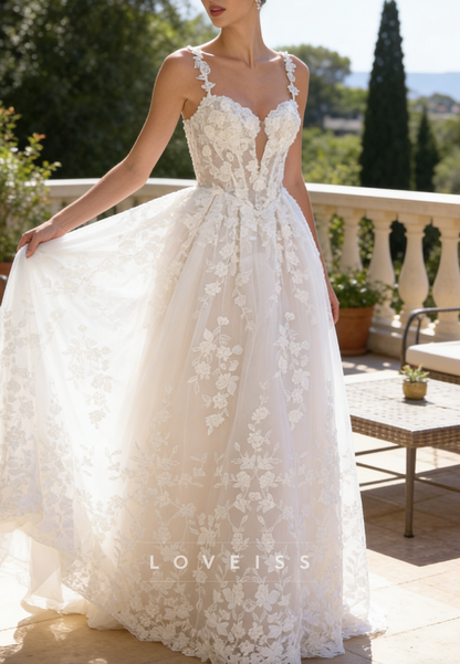 Sweetheart Straps Appliques Tulle A-Line Wedding Dress