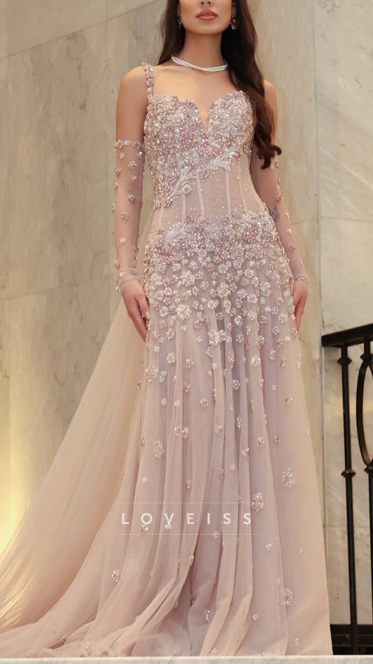 Sweetheart Straps Beaded A-Line Appliques Tulle Prom Dress