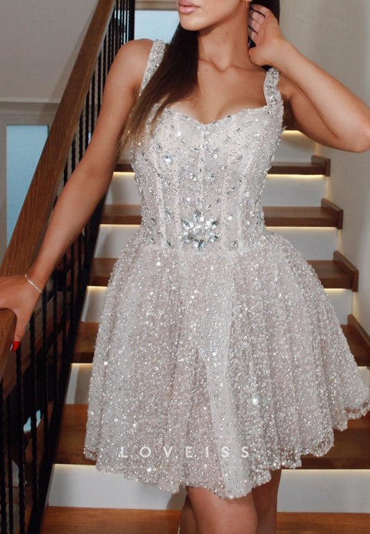 Sweetheart Straps Beaded Embroidery A-Line Party Homecoming Dress