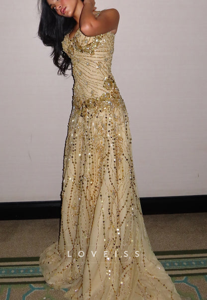 Sweetheart Straps Beaded Embroidery Sparkly A-Line Prom Dress