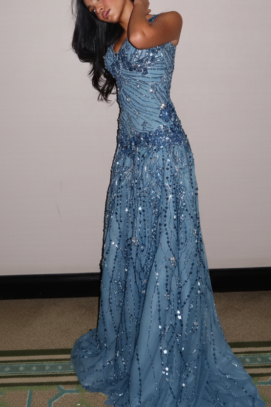 Sweetheart Straps Beaded Embroidery Sparkly A-Line Prom Dress