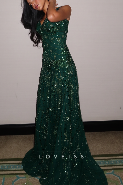 Sweetheart Straps Beaded Embroidery Sparkly A-Line Prom Dress