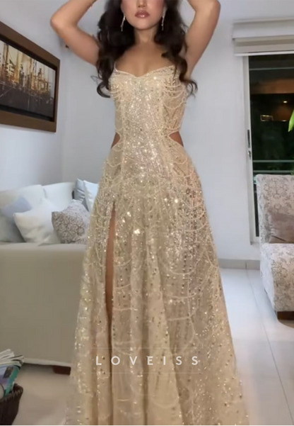 Sweetheart Straps Beaded Embroidery Sparkly A-Line Prom Dress