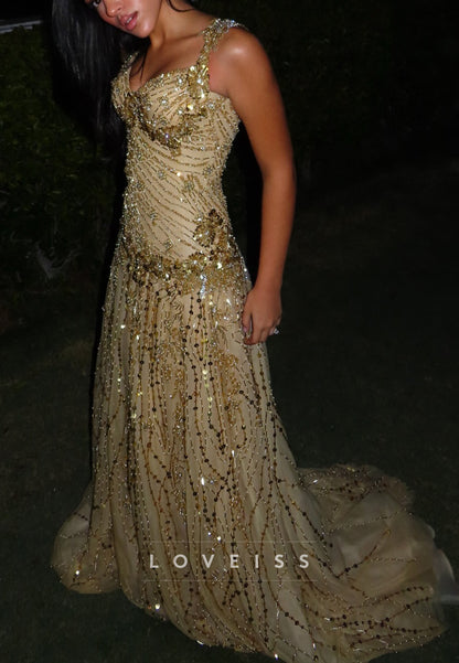 Sweetheart Straps Beaded Embroidery Sparkly A-Line Prom Dress