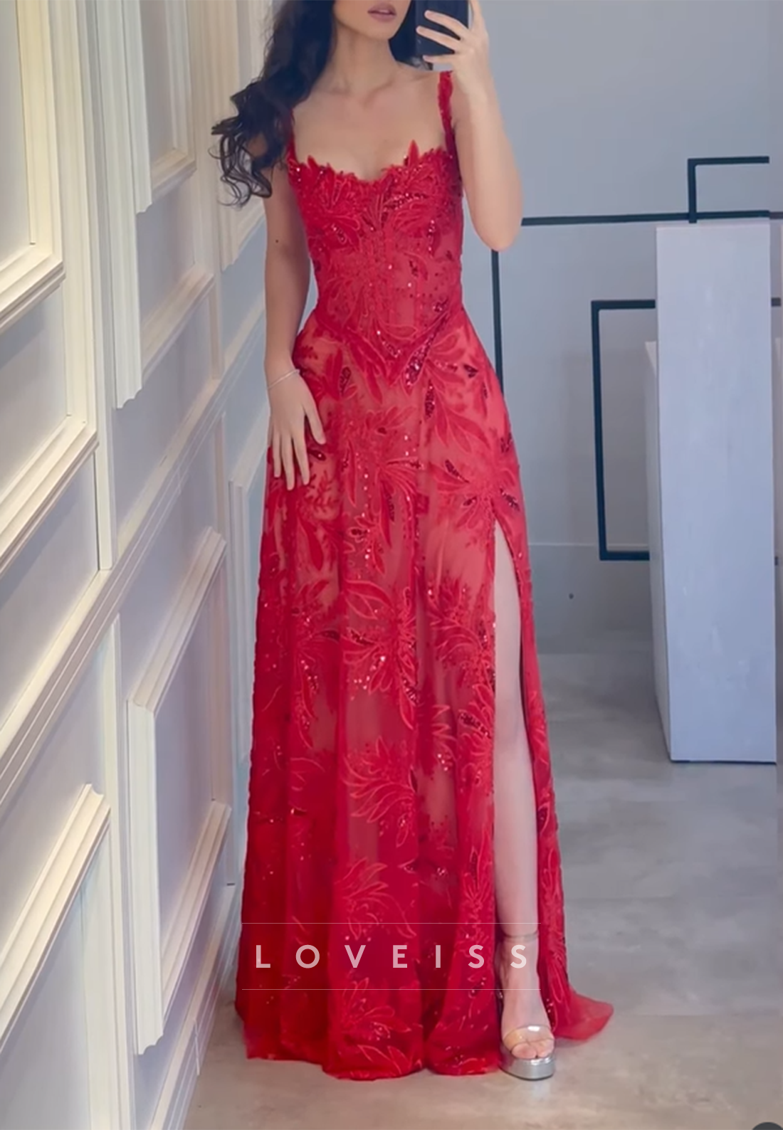 Sweetheart Straps Beaded Embroidery Sparkly Red A-Line Prom Dress