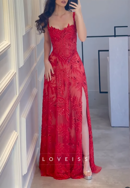 Sweetheart Straps Beaded Embroidery Sparkly Red A-Line Prom Dress