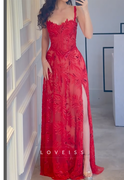 Sweetheart Straps Beaded Embroidery Sparkly Red A-Line Prom Dress