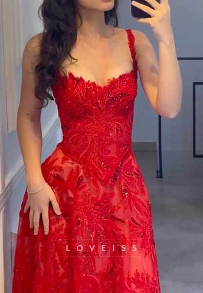 Sweetheart Straps Beaded Embroidery Sparkly Red A-Line Prom Dress