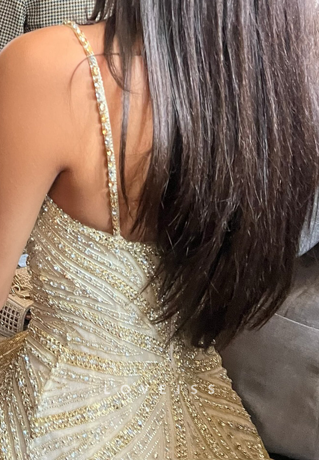 Sweetheart Straps Beaded Fringe A-Line Sparkly Prom Dress