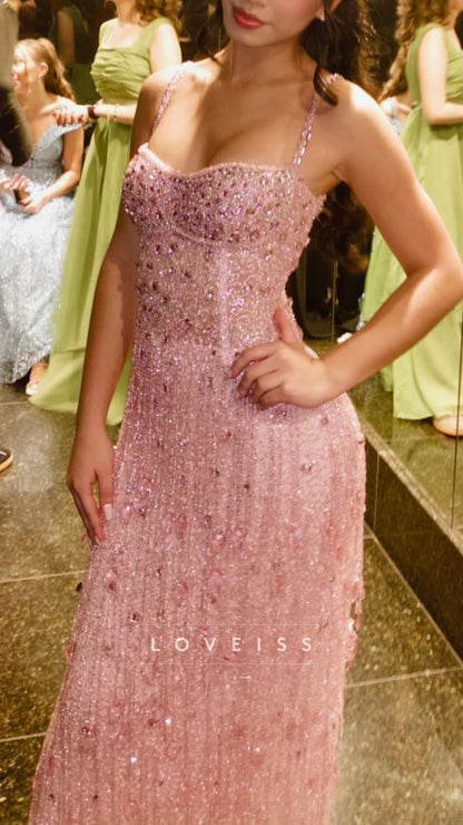 Sweetheart Straps Beaded Fringe A-Line Sparkly Prom Dress