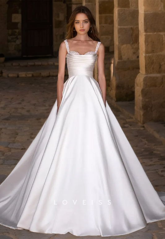 Sweetheart Straps Beaded Pleated Satin A-Line Wedding Dress