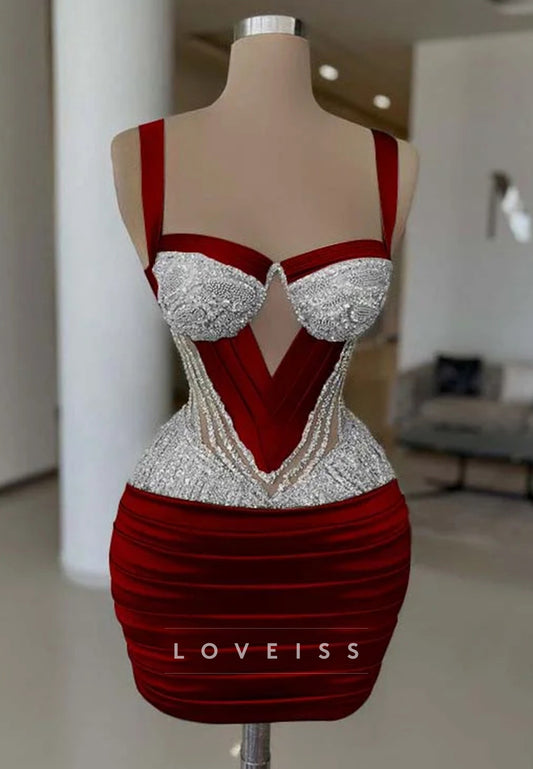 Sweetheart Straps Beaded Pleated Sheath Party Homecoming Dress