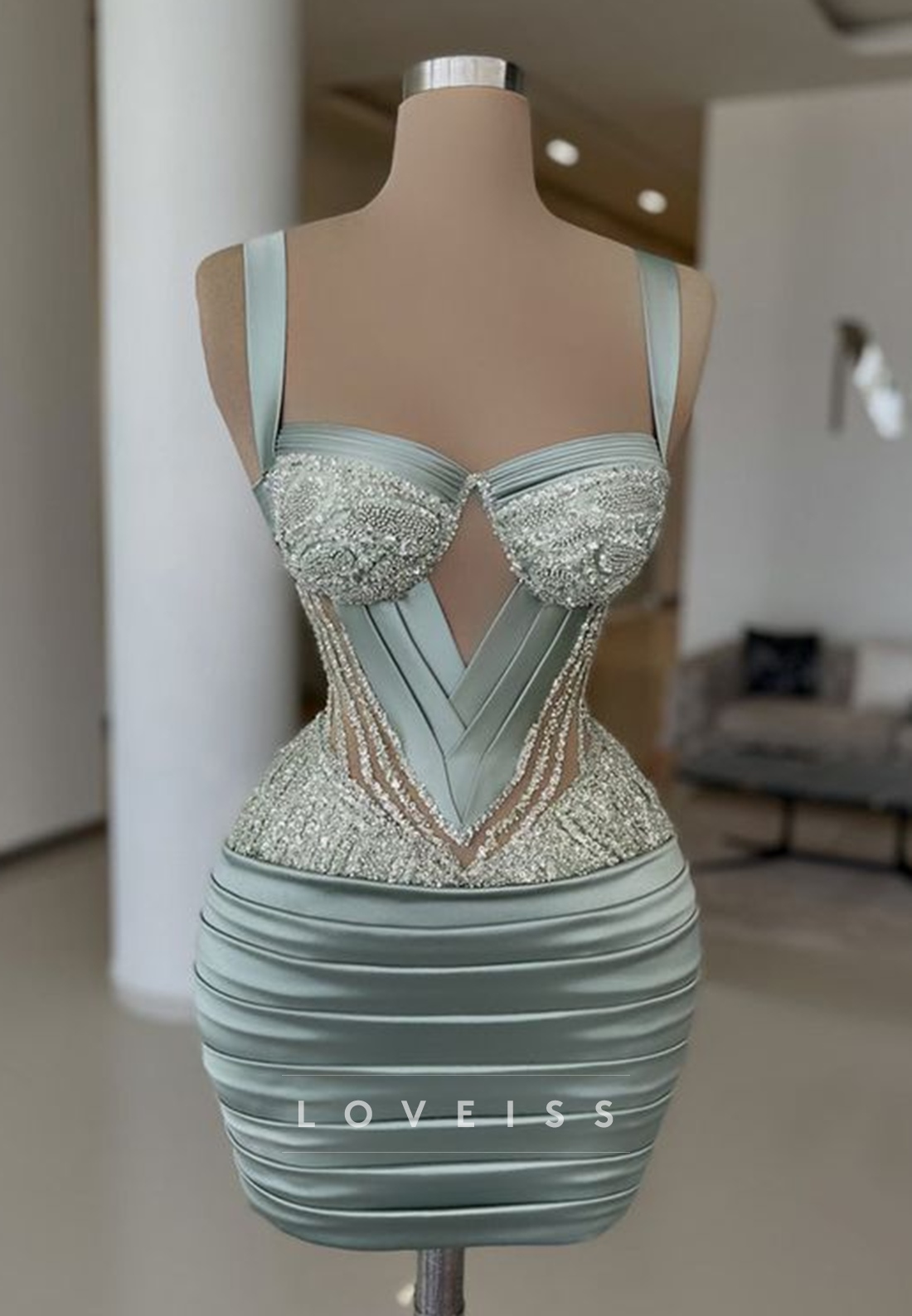 Sweetheart Straps Beaded Pleated Sheath Party Homecoming Dress