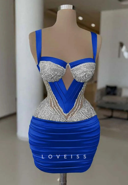 Sweetheart Straps Beaded Pleated Sheath Party Homecoming Dress
