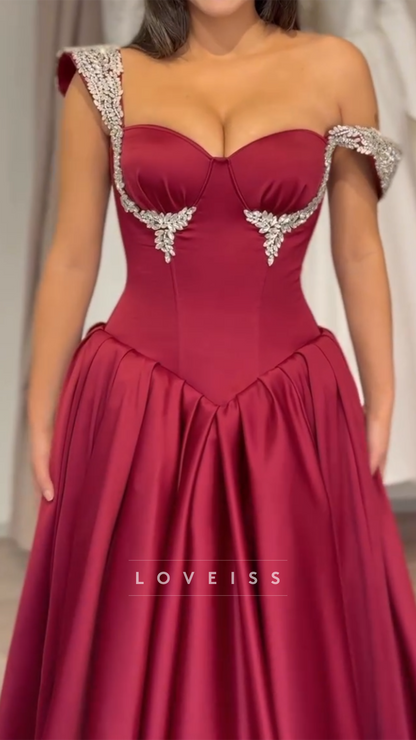 Sweetheart Straps Beaded Satin A-Line Evening Dress