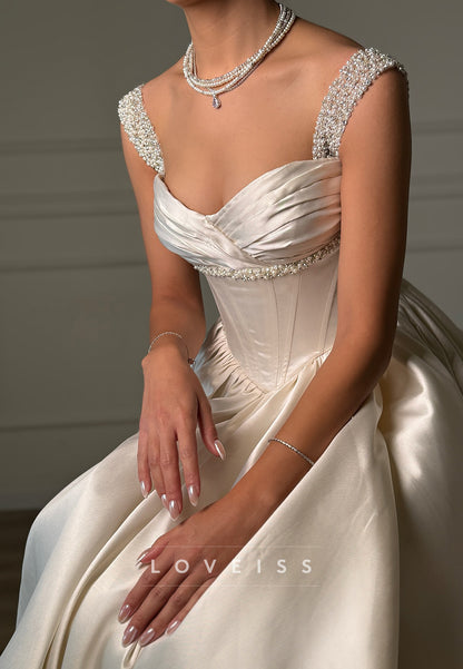 Sweetheart Straps Beaded Satin A-Line Wedding Dress