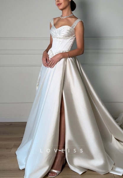 Sweetheart Straps Beaded Satin A-Line Wedding Dress