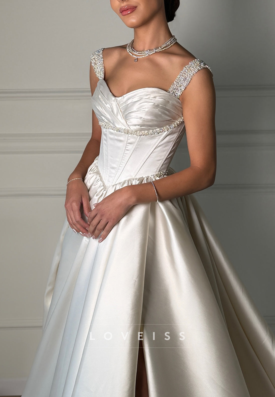 Sweetheart Straps Beaded Satin A-Line Wedding Dress