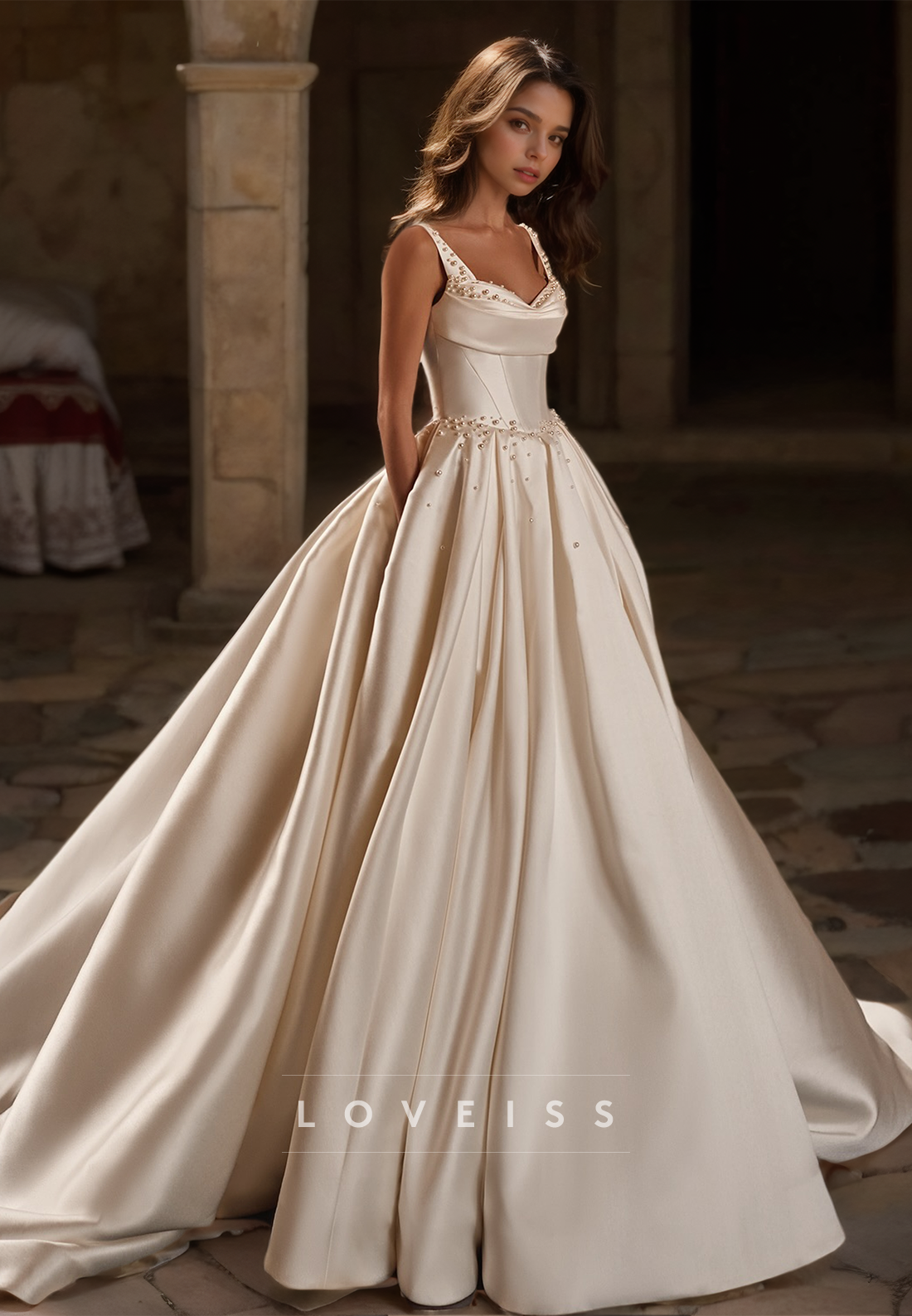 Sweetheart Straps Beaded Sleek Pleated Satin A-Line Wedding Dress