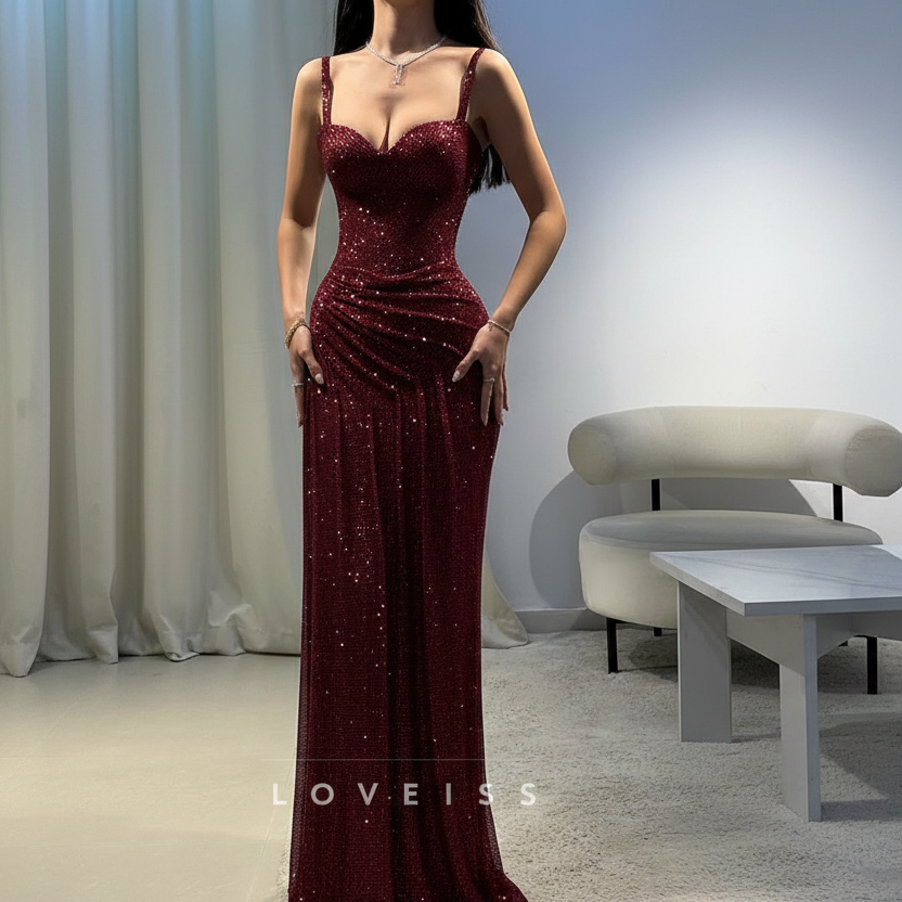 Sweetheart Straps Beaded Sparkly Pleated Sheath Prom Dress