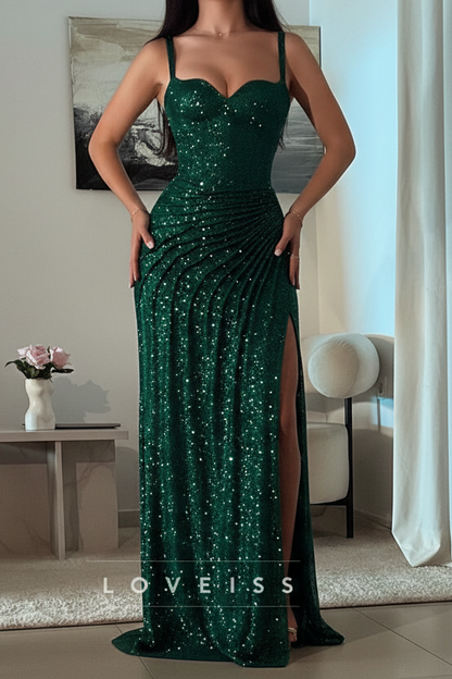 Sweetheart Straps Beaded Sparkly Pleated Sheath Prom Dress