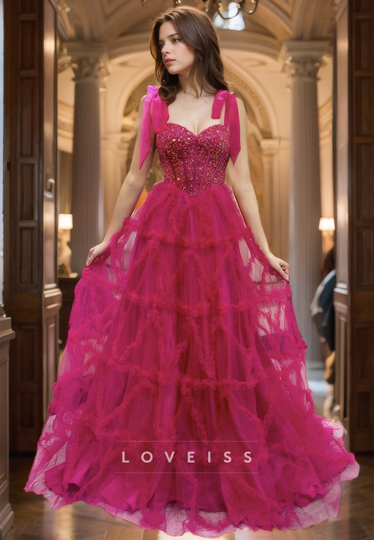 Sweetheart Straps Beaded Tulle A-Line Prom Dress