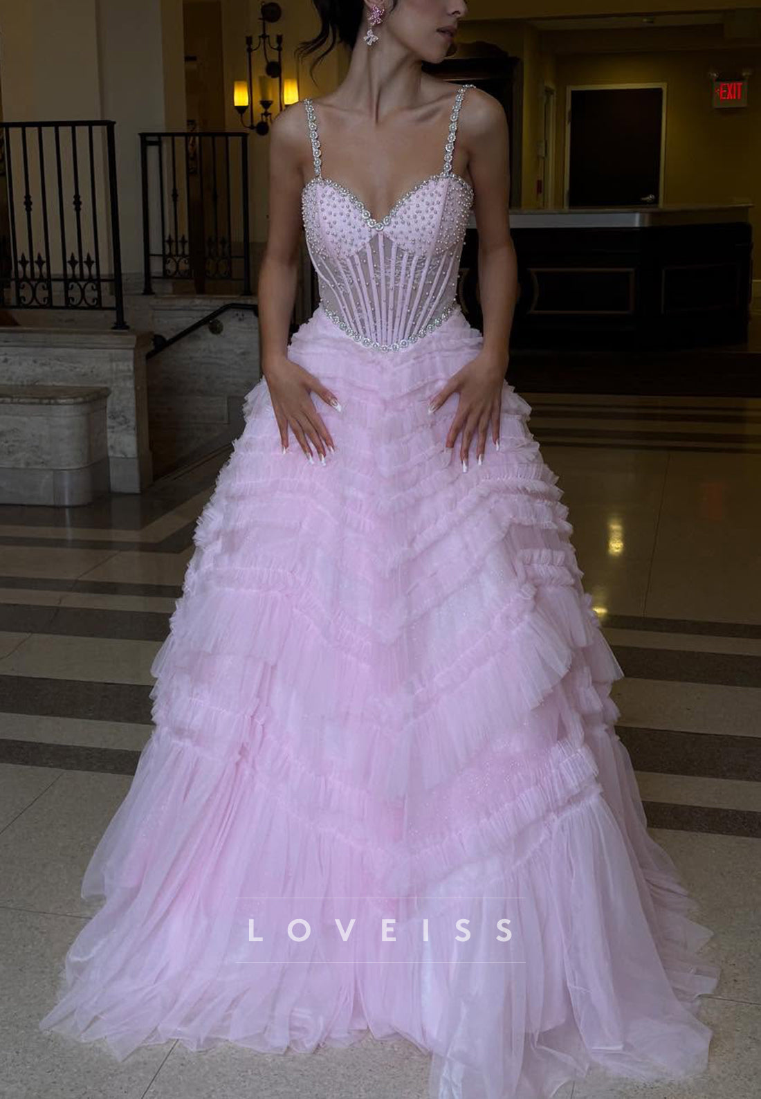 Sweetheart Straps Beaded Tulle A-Line Prom Dress
