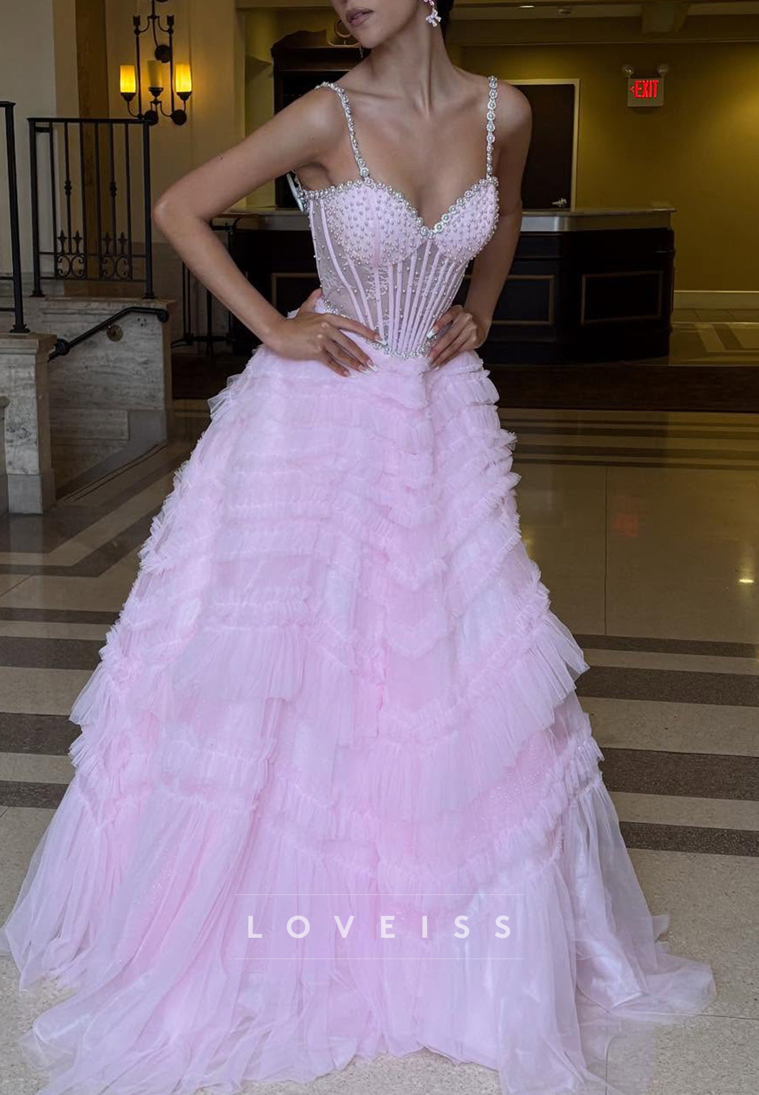 Sweetheart Straps Beaded Tulle A-Line Prom Dress