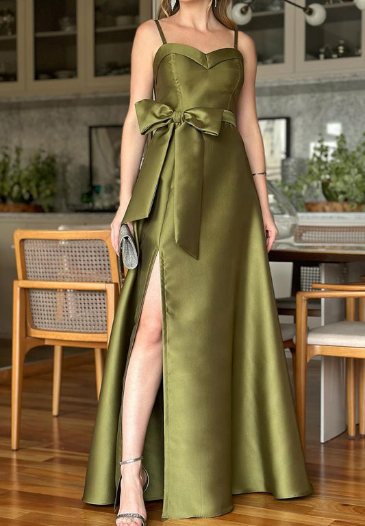 Sweetheart Straps Bowknot Side Slit Satin A-Line Mother of Bride Dress