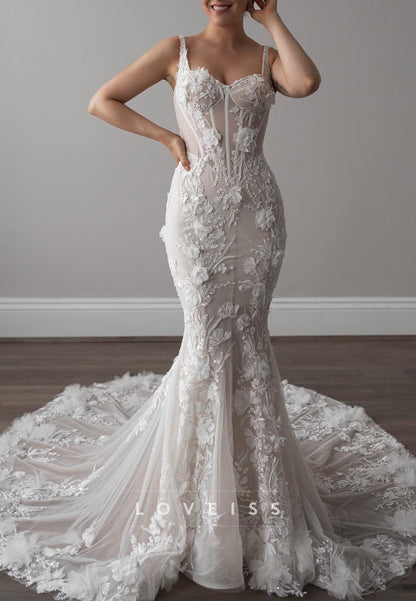 Sweetheart Straps Floral Appliques Mermaid Wedding Dress