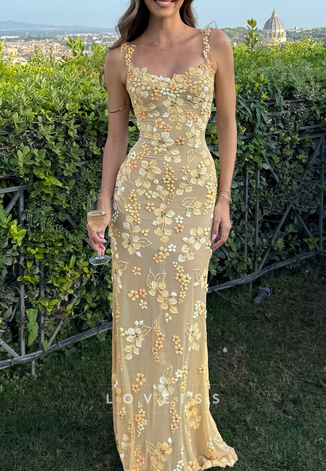 Sweetheart Straps Floral Appliques Sheath Prom Dress