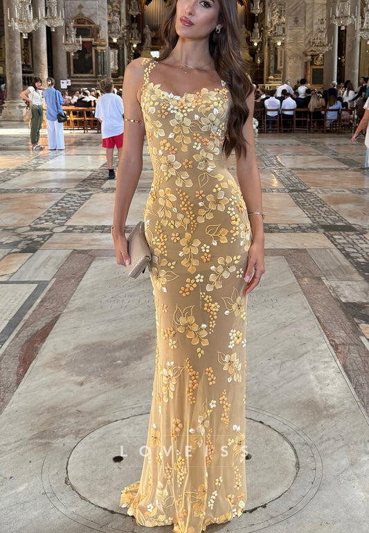 Sweetheart Straps Floral Appliques Sheath Prom Dress