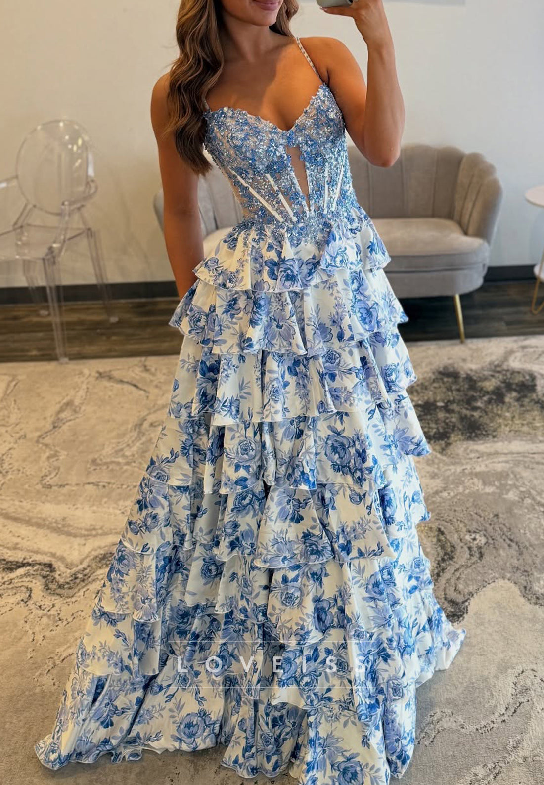 Sweetheart Straps Floral Printed Appliques Tiered A-Line Prom Dress