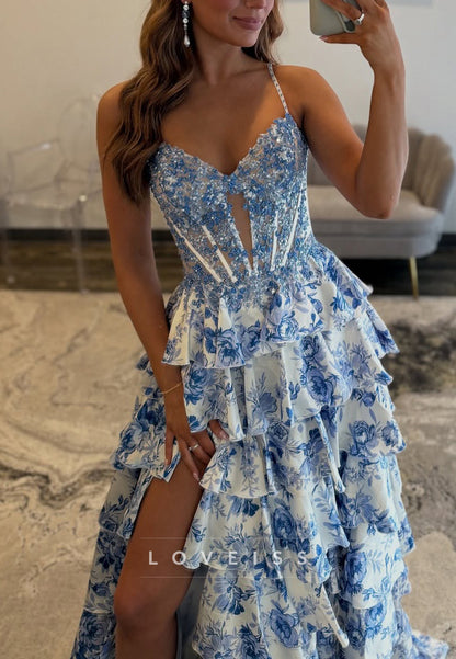 Sweetheart Straps Floral Printed Appliques Tiered A-Line Prom Dress